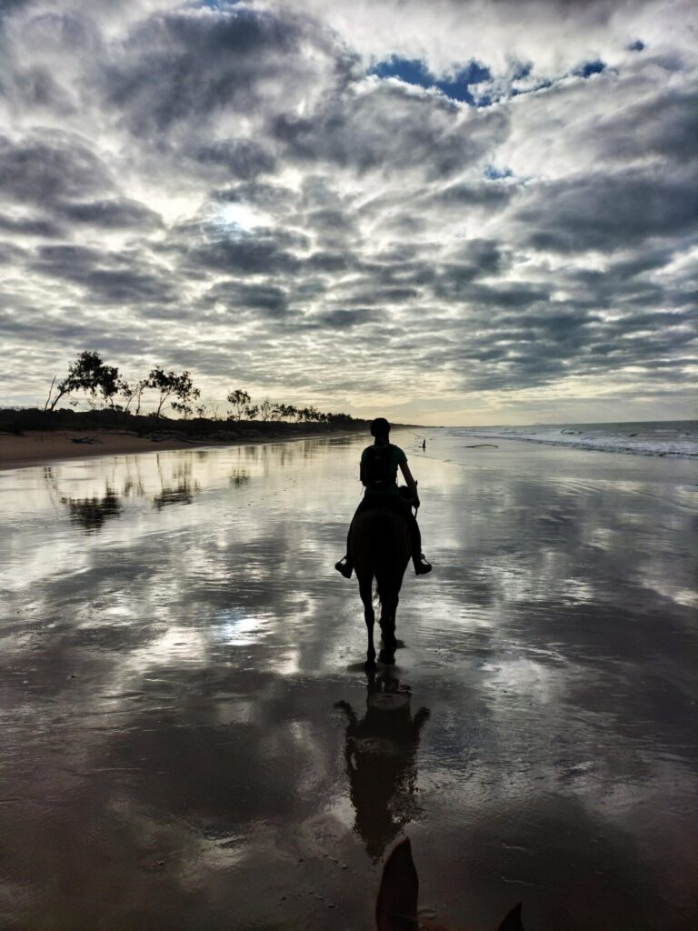Slow travel horserider silhouette on beach