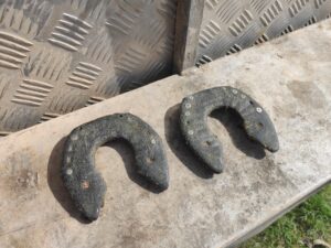 horseshoes on metal bench
